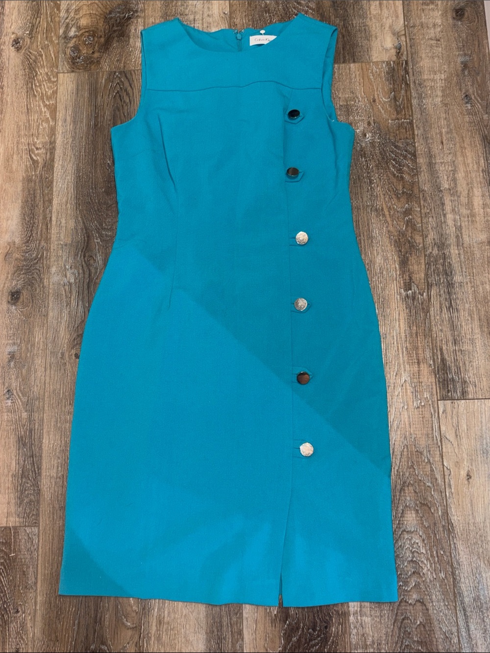 Calvin Klein Teal Sleeveless Sheath Dress with Asymmetric Button Detail